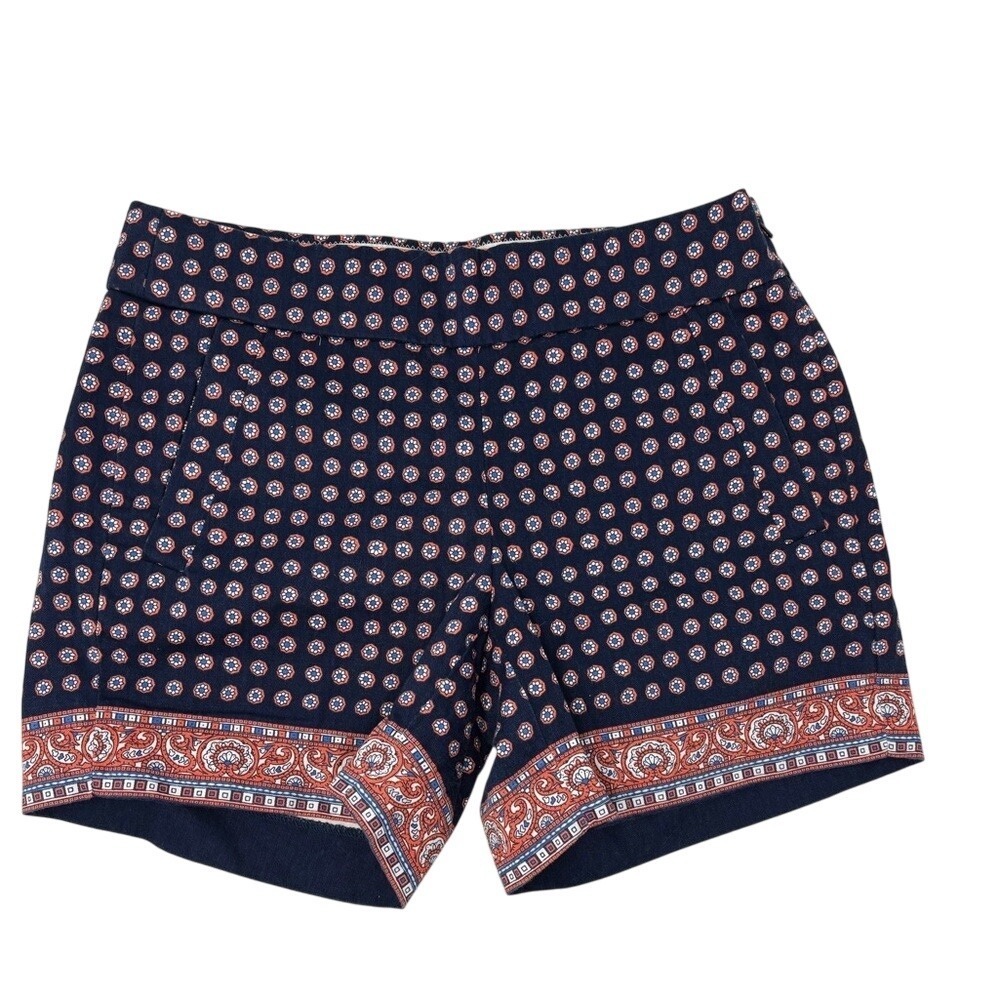 J. Crew 00 Blue Navy‎ Orange / Coral Cotton Shorts Paisley Floral Patterened